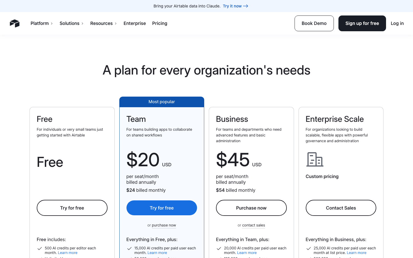 Airtable public pricing plans
