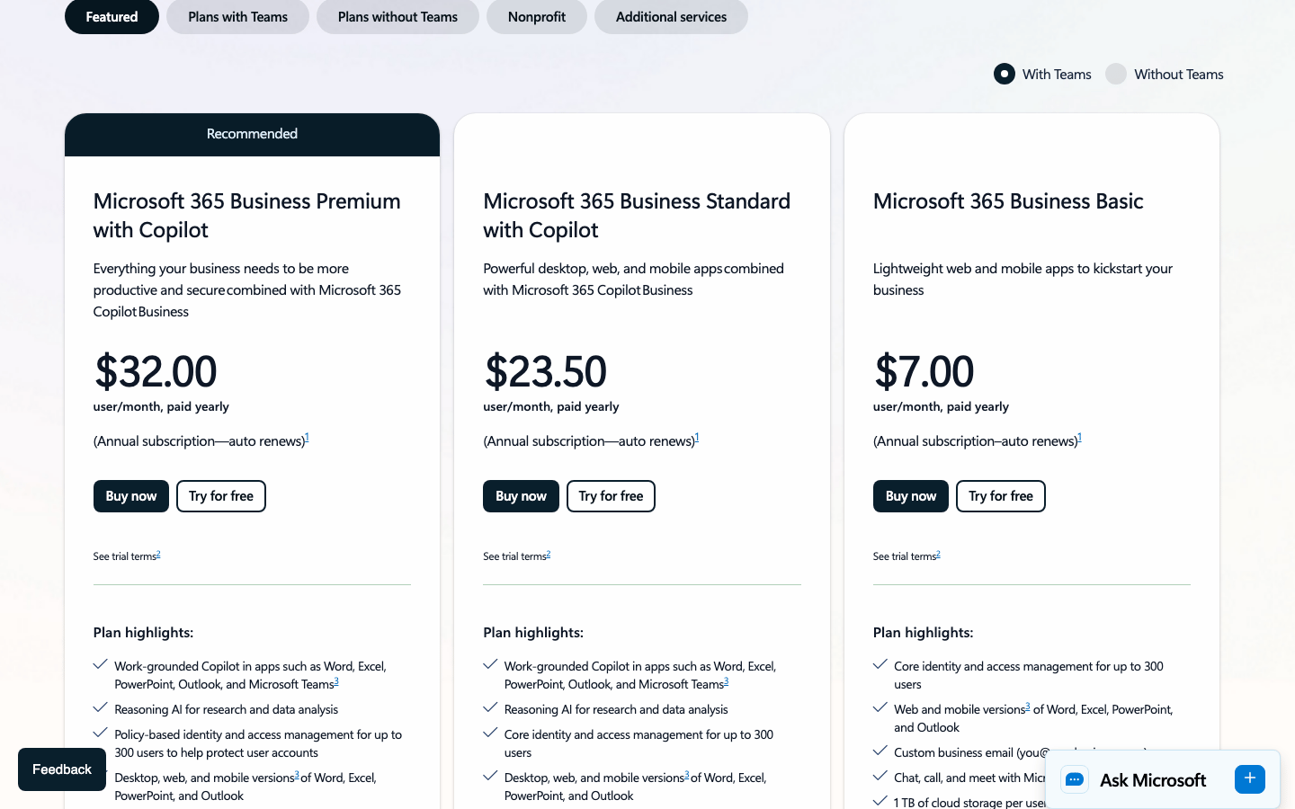 Microsoft 365 public business pricing plans