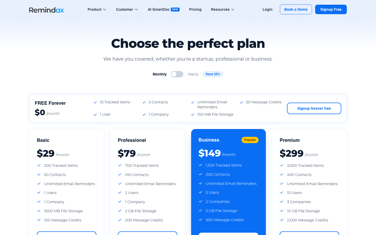 Remindax public pricing page showing its free and paid plans