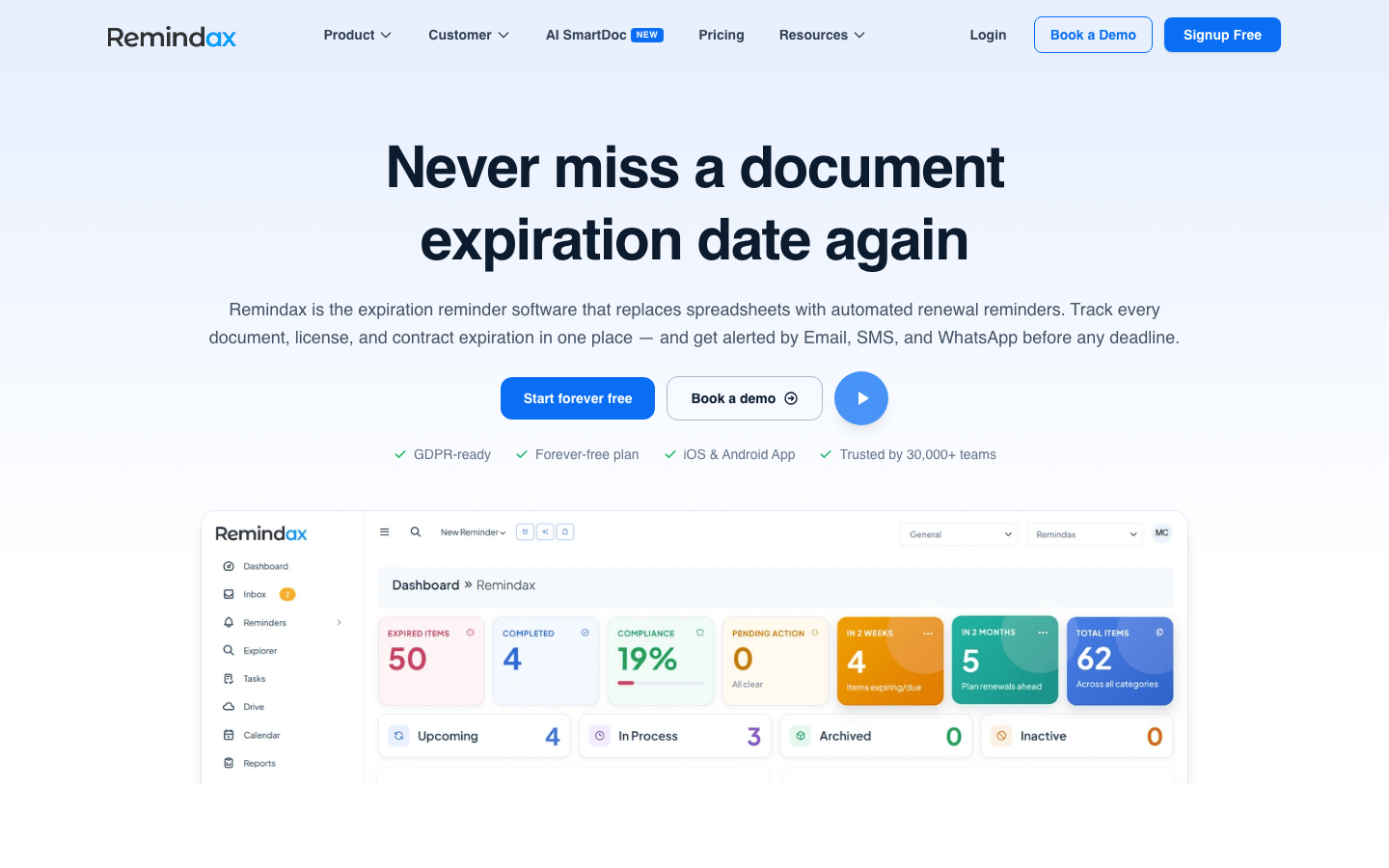 Remindax expiration reminder software homepage