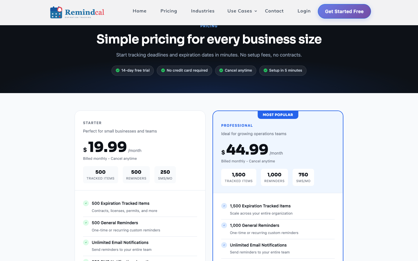 RemindCal public pricing page showing Starter and Professional plans