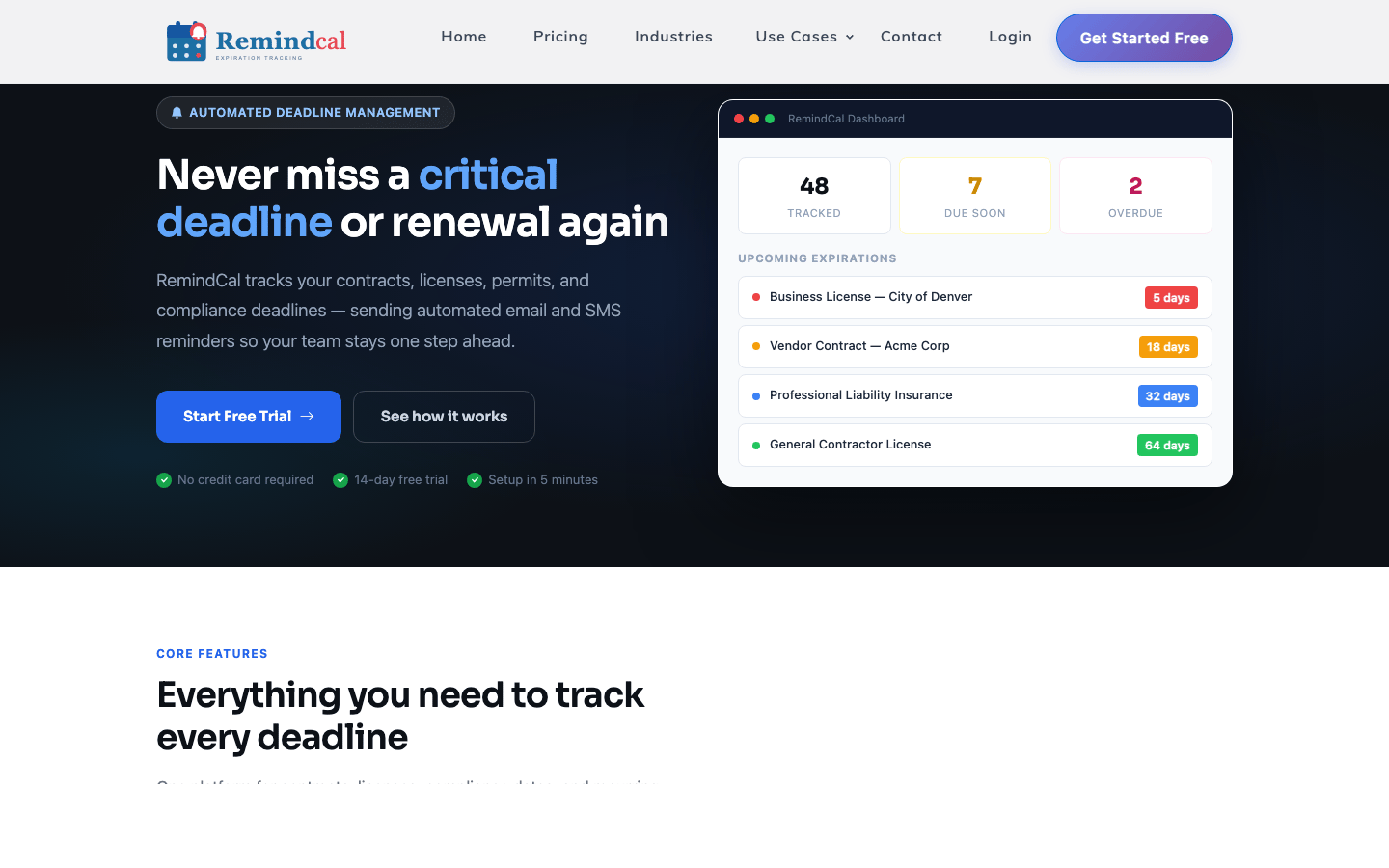 RemindCal expiration and renewal tracking homepage