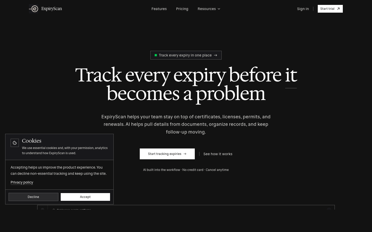 ExpiryScan homepage screenshot